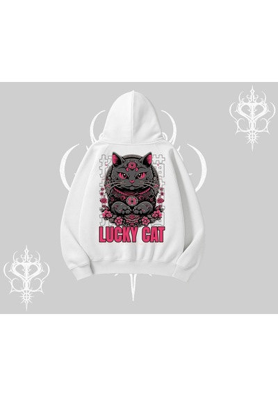 Startmore Lucky Cat Japon Tarzı Kedi Baskılı Kapşonlu Sweatshirt Beyaz