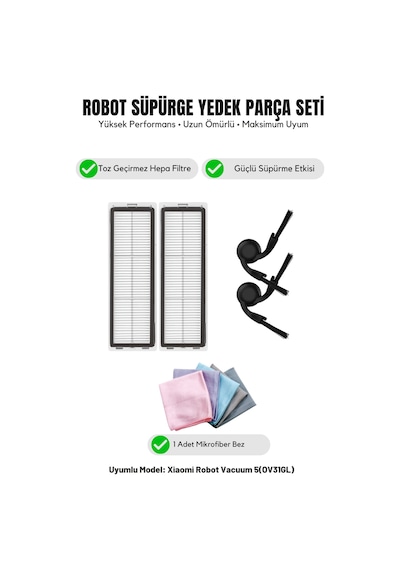 Robot Vacuum 5 Ov31gl İle Uyumlu 2 Yan Fırça 2 Filtre 1 Temizlik Bezi 9.0
