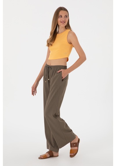 U.S. Polo Assn. Kadın Vizon Çizgili Loose Relax Fit Kanvas Pantolon 50309105-VR052
