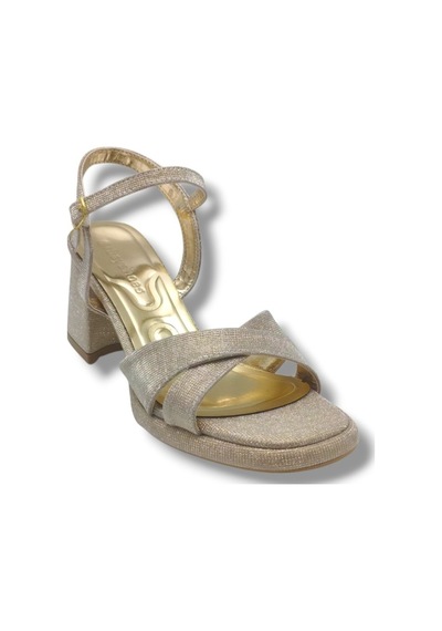 Erbay 405-26 Simli Çupra Kumaş Çapraz Bant Kalın Topuk Kadın Sandalet 7cm Altın