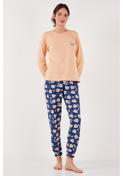 Lela Streç Regular Fit Beli Lastikli Bisiklet Yaka Bayan Pijama Takımı 65714101 Şeftali