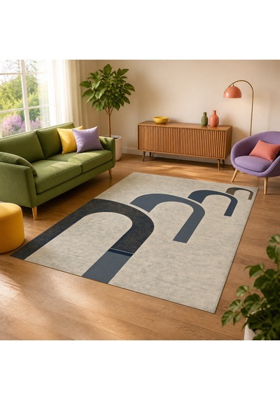 Kartela Halı Yankı Kemer Desenli Modern Halı Lacivert Kaymaz Taban Makinede Yıkanabilir 60x90 Cm