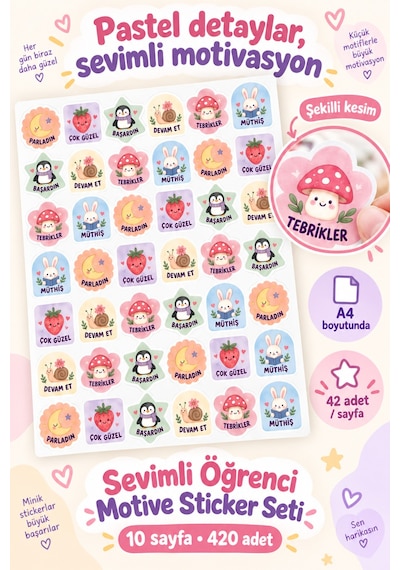 Sevimli Öğrenci Motivasyon Sticker Seti 420 Adet 10 Sayfa Tebrikler, Başardın, Devam Et Ve Ödül Etiketleri Çok Renkli