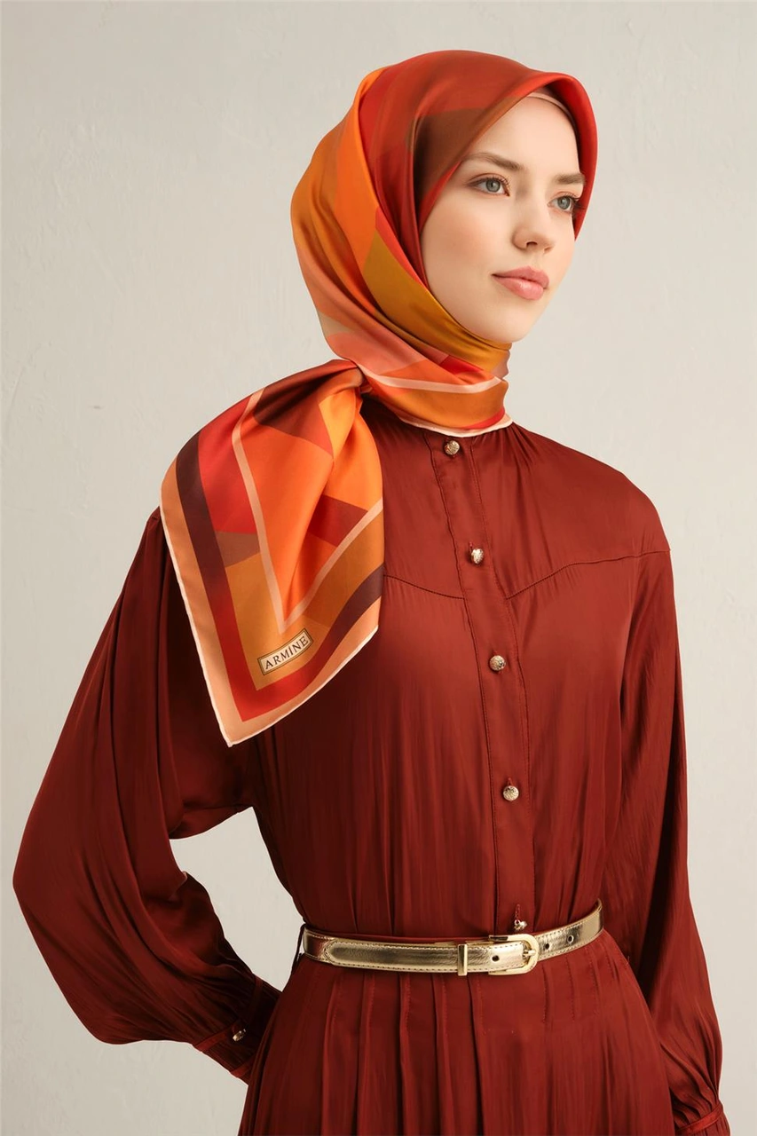 Armine Geometrik Desenli Saf İpek Twill Eşarp 9331d 33 Turuncu