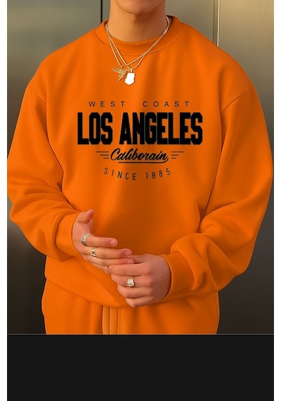Benroma 3 İplik Penye Los Angeles Baskılı Unisex Sweatshırt Turuncu