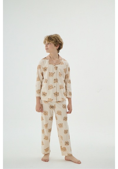 Zeyzey 8902 Unısex Çocuk Düğmeli Pijama Takım Camel/5-6yas