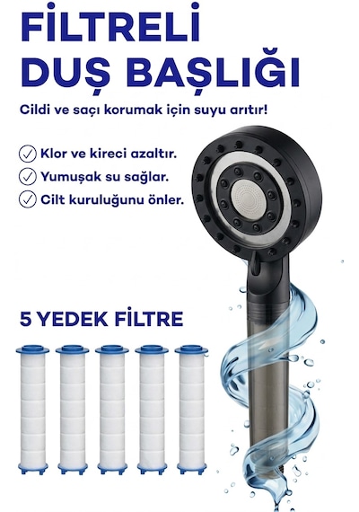 Yüksek Basınçlı Arıtmalı Masajlı 5 Fonksiyonlu Duş Başlığı 5 Adet Yedek Filtre Kireç Önleyici Tazyikli Su Tasarruflu Masajlı Banyo Başlık Seti Krom - Mat Siyah