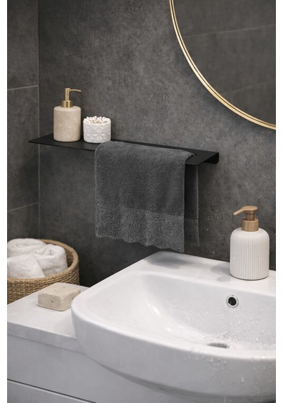 Raflı Siyah Metal Havluluk Modern Banyo Havlu Askısı Siyah