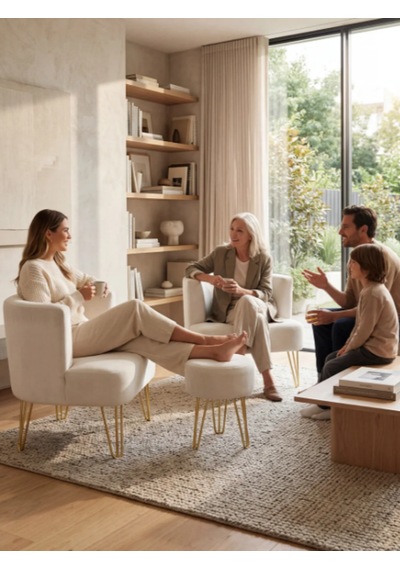 Elegance 2'li Çay Seti Berjer Ve Puf Takımı Açık Krem