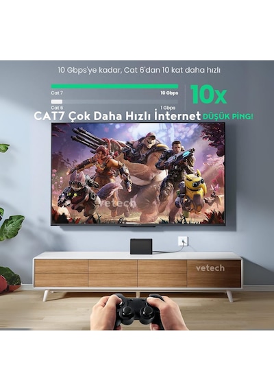 Cat7 Ethernet Kablosu 10gbps Premium İnternet Lan Kablo Flat Modem Ağ Kablosu 10 Metre Standart