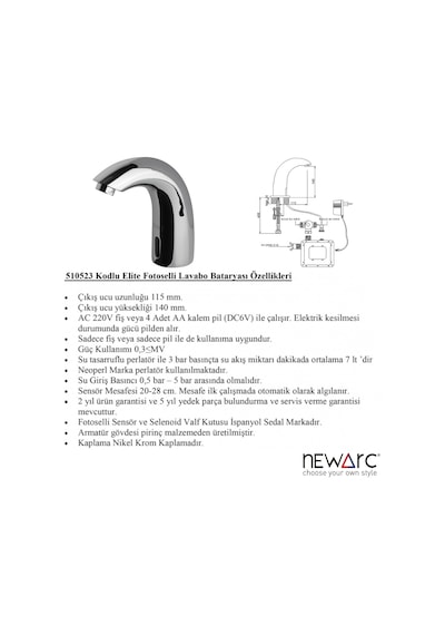 Newarc 510523 Elite Fotoselli Lavabo Bataryası Pilli-Elektrikli