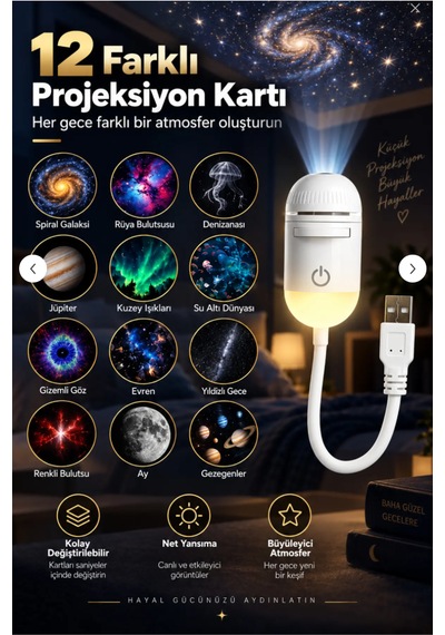 12 Projeksiyon Kartlı 2 Si 1 Arada Usb Gece Lambası Ve Yıldız Projektörü, Esnek Gövdeli Tavan Duvar Projeksiyon