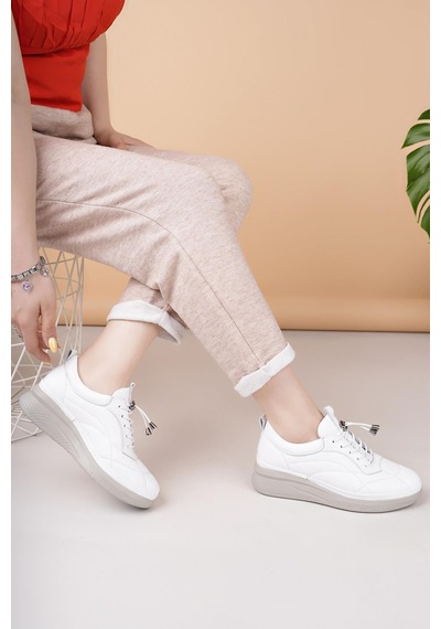 Nesilshoes Modessa 123 Beyaz Bağcıklı Hakiki Soft Deri Kadın Ayakkabı
