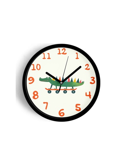 Kaykay Yapan Sevimli Timsah Çocuk Odası Modern Duvar Saati - 30cm - Önü Camlı Siyah Kasa-jh0209 Siyah