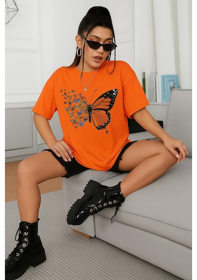 Kelebek Baskılı Oversize Unisex Tişört Çok Renkli