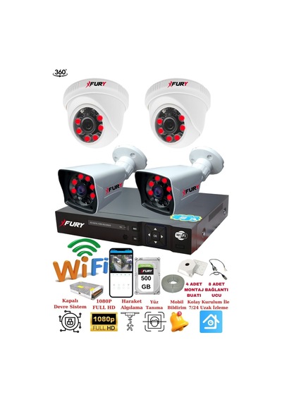 Fury 4 Kameralı 5mp 3.6mm Lens 2mp Görüntü 6 Atom Led Gece Görüşlü Full Hd Güvenlik Kamerası 251412 500gb