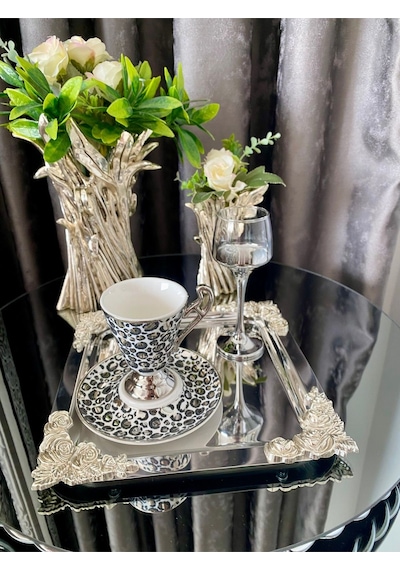 Atabey Home Collection 6'lı Kahve & Çay & Sunum Tepsisi Metal Döküm Kare Gümüş Gül Model