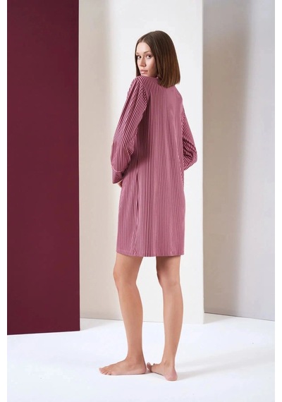 Ang Butik Kadın Pjs 26010 Önden Düğmeli Çizgili Gecelik Pembe