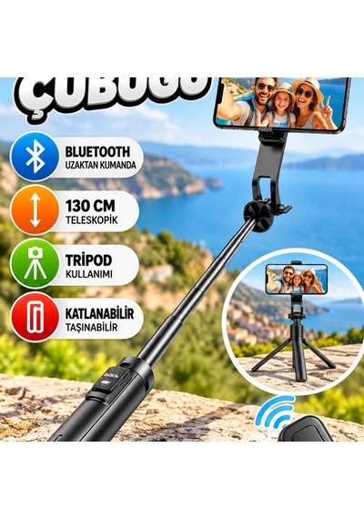 Bluetooth Selfie Çubuğu 130 Cm Teleskopik Uzaktan Kumandalı Katlanabilir Telefon Tripodu