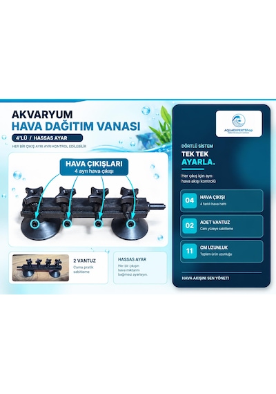 Akvaryum Hava Dağıtım Vanası 4'lü Hassas Hava Ayarı Bağımsız Çıkış Kontrolü Çift Vantuzlu 11 Cm