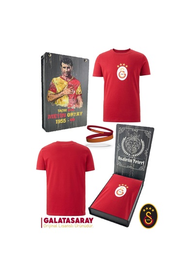 Galatasaray Lisanslı Arma T-shirt + Bileklik Set Ahşap Kutulu 100 Kırmızı