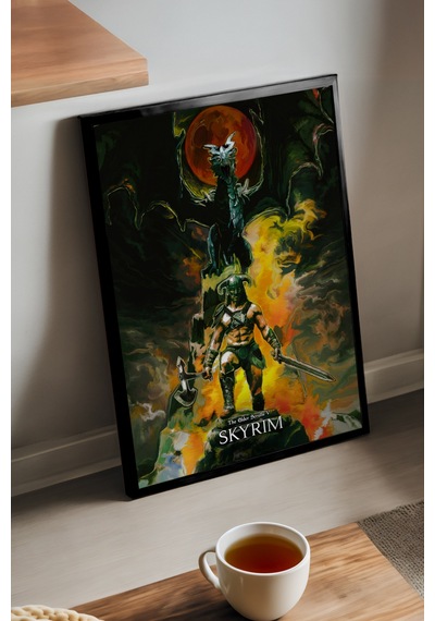 Skyrim Siyah Ahşap Çerçeveli Poster, Dekoratif Oyun Duvar Tablosu