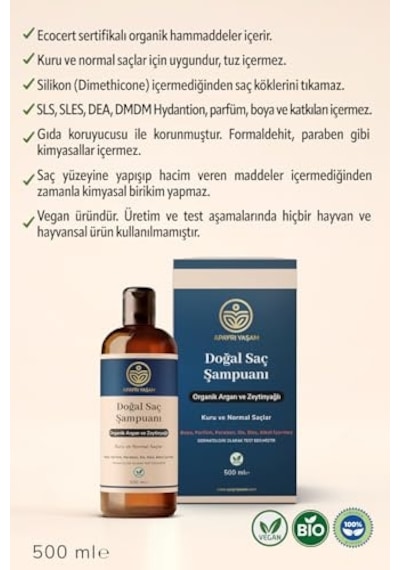 Ayrex Organik Argan Ve Zeytinyağı Özlü Kuru Ve Normal Saçlar İçin Besleyici Ve Onarıcı Şampuan 500 Ml