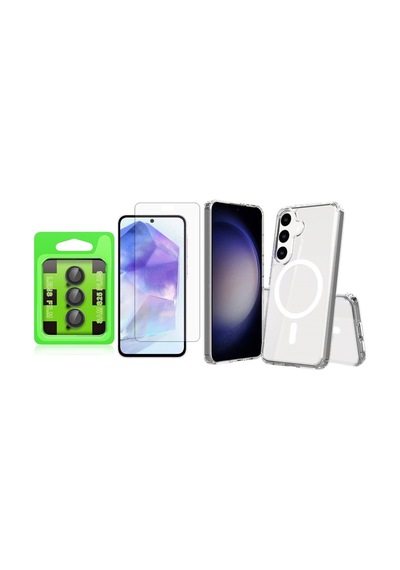 Vendas Galaxy Uyumlu S25 Plus Kılıf Magsafe Şarj Özellikli Şeffaf Sert Pc Zore Embos Kapak + Kamera Lens Koruyucu + Nano Ekran Koruyucu Şeffaf