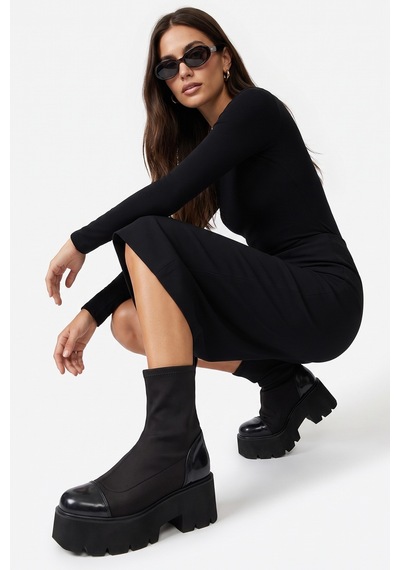 Luvi Shoes Adelına Siyah Scuba Kalın Tabanlı Kadın Bot