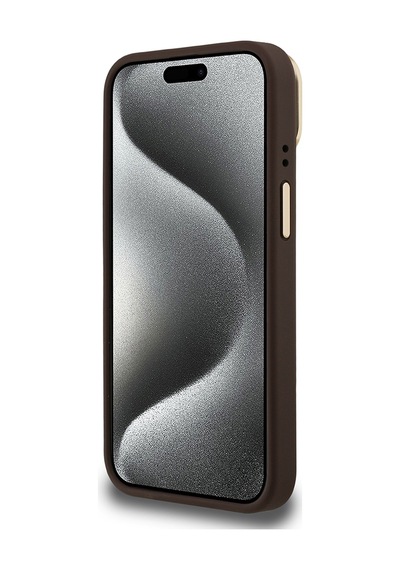Apple iPhone 15 Uyumlu Kılıf Guess Lisanslı Üçgen Logo 4g Desenli Kamera Standlı Kapak Kahverengi