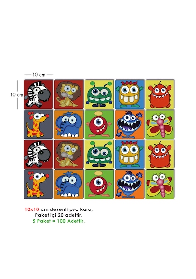 Kendinden Yapışkanlı Çocuk Desenli Pvc Karo 10x10 Cm 5 Li Paket