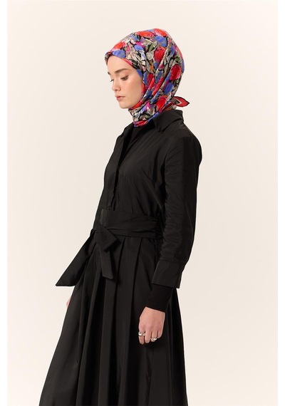 Silk Home Organik Pamuk İpek Eşarp Siyah-koyu Gri Mor Çiçek Desenli Tok Duruşlu 90x90 Çok Renkli
