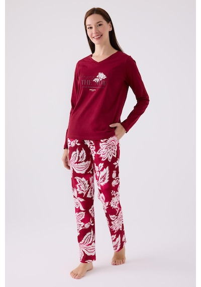 Pierre Cardin Paris 8865 Enjoy The Now Kadın Bordo Uzun Kol Pijama Takım VİŞNE