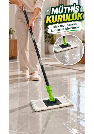 Duvar Ve Tavan Temizleme Mopu - Kurutma Mop - Mikrofiber Başlıklı Demonte Saplı Ekstra Su Emici Bez - 360 Derece Döner Başlık