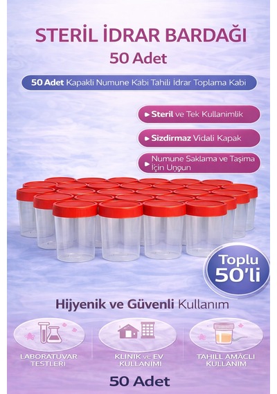 Steril İdrar Kabı Kapasiteli Numune Toplama Kabı 50 Adet