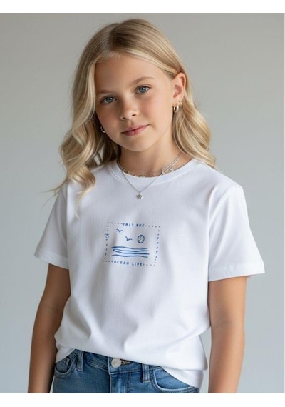 Zekids Kız Çocuk Tasarım T-shirt-16895 Beyaz