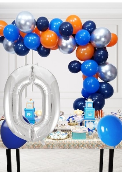 0 Yaş Kozmik Temalı Doğum Günü Seti Kozmik Mavi Turuncu Gümüş Mavi Balonlar Gümüş Folyo Rakam Çok Renkli
