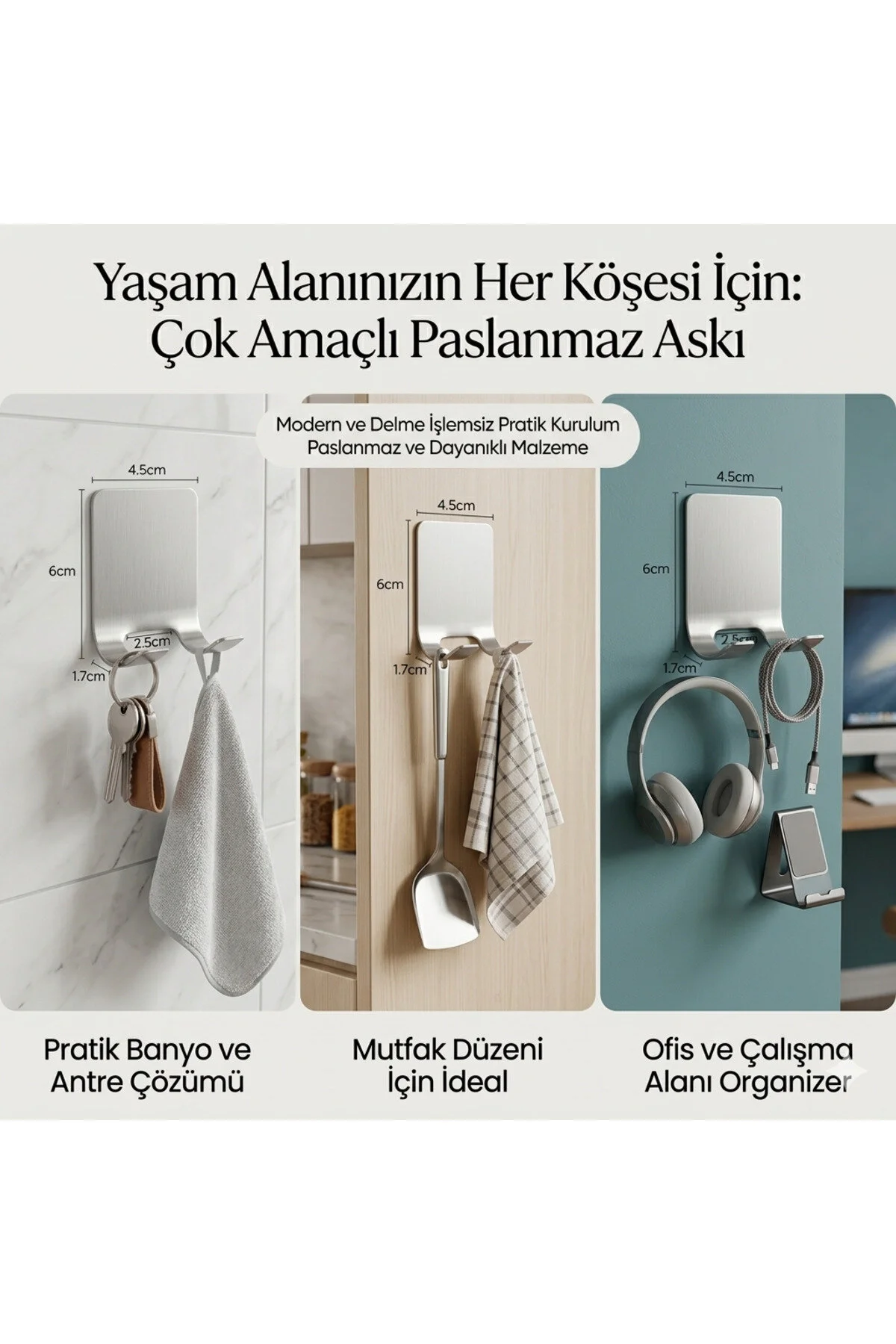 Kendinden Yapışkanlı Çok Amaçlı Paslanmaz Çelik Askı Ev-ofis-dış Mekan 2 Adet Açık Gri