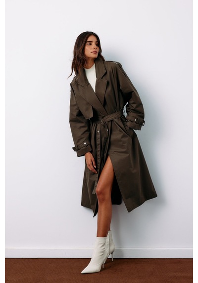 Sateen Kuşaklı Uzun Trençkot - Haki-135125 Haki