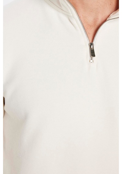 Tudors Unisex Relax Fit Rahat Kesim Fitilli Desenli Pamuklu Yarım Fermuarlı Ekru Dik Yaka Sweatshirt-31978 Ekru