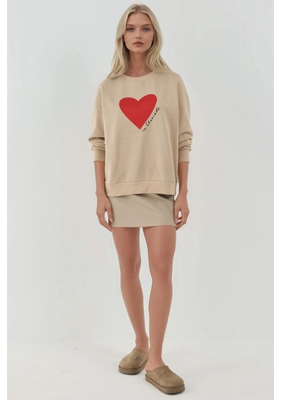 Hiccup Baskılı Yuvarlak Yaka Sweatshirt Bej Doğal
