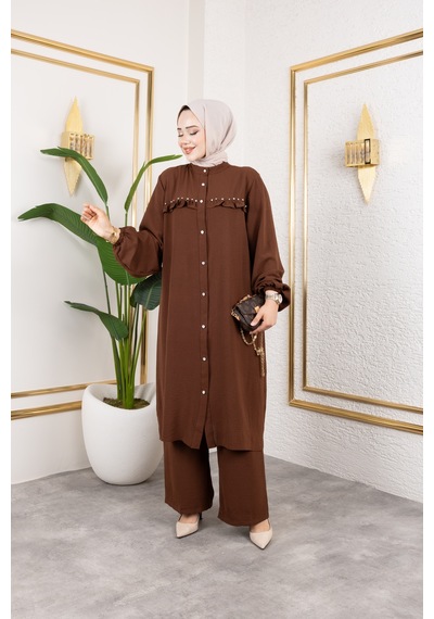 Nevayla Moda Ayrobin Kumaş İnci Detaylı Takım / T105 - Kahverengi Kahverengi