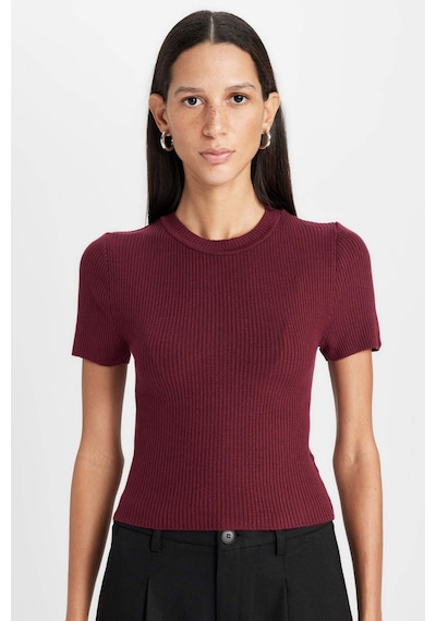 Defacto Crop Bisiklet Yaka Basic Düz Fitilli Kısa Kollu Triko Kazak C5638AX24AUBR34 Bordo
