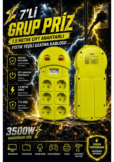 6'lı Grup Priz 1.5 Metre Çift Anahtarlı Akım Korumalı Uzatma Kablosu 16a 250v Ev Ofis Tipi 6 Prizli