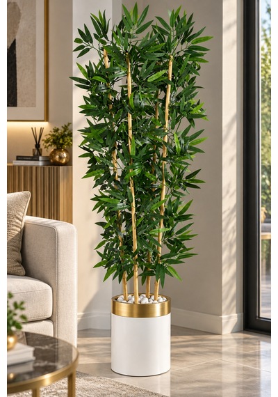 170 Cm Yapay Bambu Beyaz Gold 30x30 Dekoratif Ağaç Yeşil