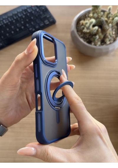 Apple Uyumlu iPhone 16 Standlı Ve Yüzüklü Magsafe Kılıf Soocase721 Lacivert