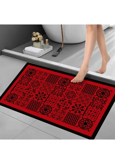 Dijital Kaymaz Yıkanabilir Banyo Mutfak Salon Paspas Halısı Trend Modern Al4008 Kırmızı