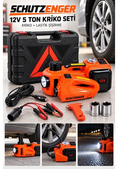 3 Lü Araç Seti 5 Ton Kriko Kompresörlü Ve Somun Sökme Sıkma 2 Anahtarlı 12volt German Çantalı Sp302