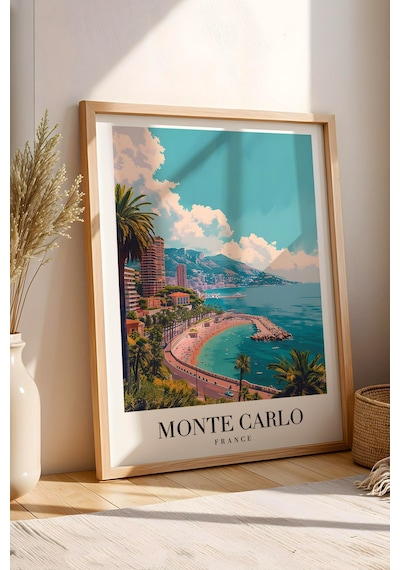 Monte Carlo France Vintage Seyahat Posteri Çerçeveli Tablo - Premium Akdeniz Elit Duvar Dekoru Kayın