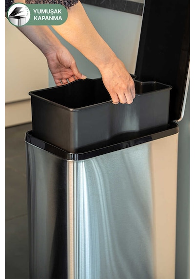 Primanova Dikdörtgen Paslanmaz Çöp Kovası 40 Litre - Inox Inox